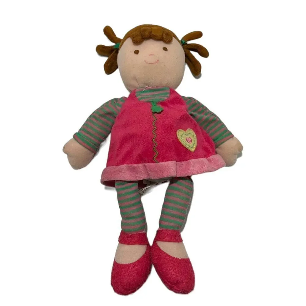 Carters Just One Year Brunette Plush Doll Brown Lovey Plush Pink Green Dress‎